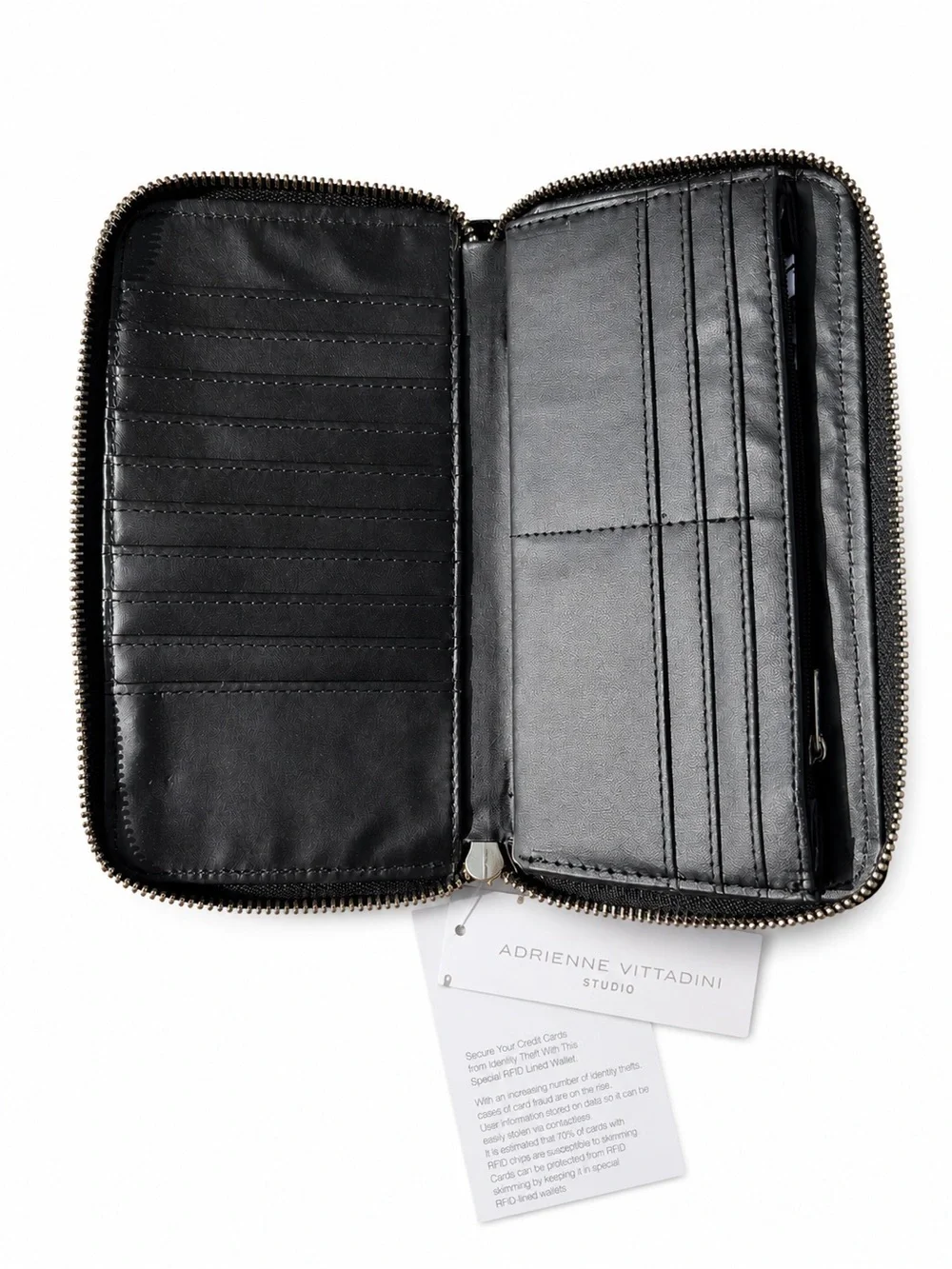 Adrienne Vittadini Black Velvet Zip Wallet with Metal Logo